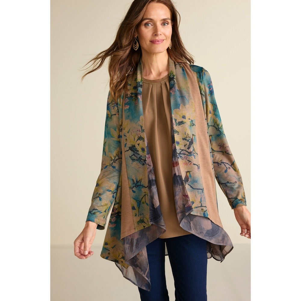 Soft Surroundings Tea Gardens Sz M Floral‎ Lagenlook Kimono Topper Cardigan